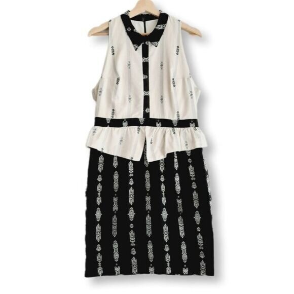 EVE GRAVEL Contrast Collar Peplum Sheath Dress Floral Embroidery B&W Sz L - Picture 2 of 16